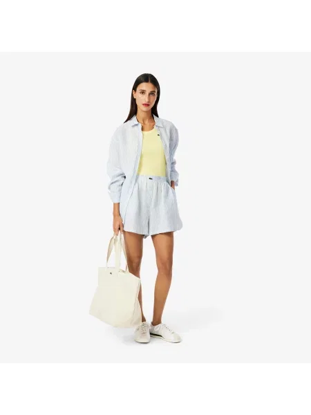 Lacoste Luźne Lniane Szorty W Paski niebieskie