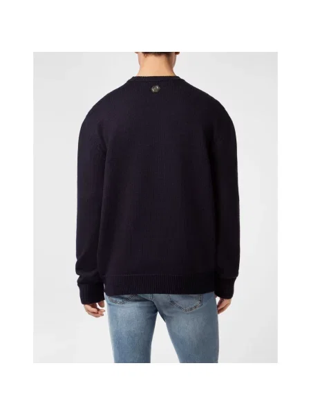 Sweter Philipp Plein wełniany z okrągłym dekoltem typu teddy niebieski