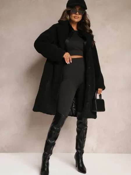 Palton oversized din blană de pluș cu căciulă Jillo de la Renee.com.ro negru
