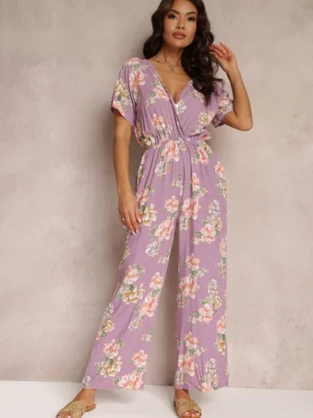 Kopertowy Kombinezon w Kwiaty z Gumką w Talii Jazila różowy