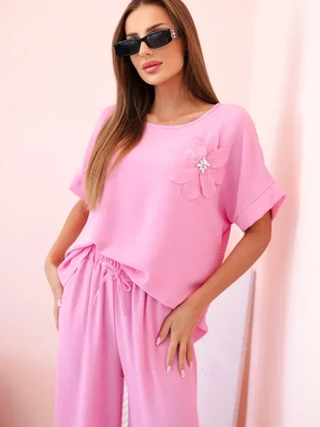 Pantaloni Kesi Włoski cu model floral roz