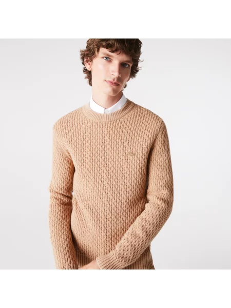 Lacoste Sweter Z Wełny O Regularnym Kroju I Splocie Kablowym beżowy