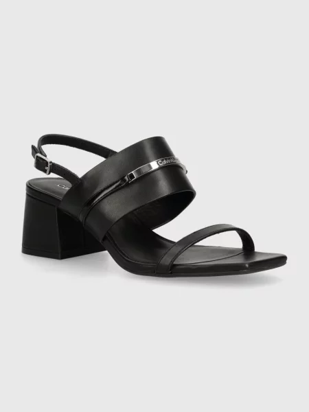 Кожени сандали Calvin Klein HEEL SANDAL 45 MET BAR LTH черно