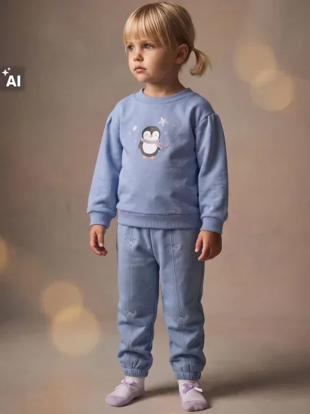 Sinsay Mikina crewneck s nabíranými rukávy a potiskem tučňáka modrá