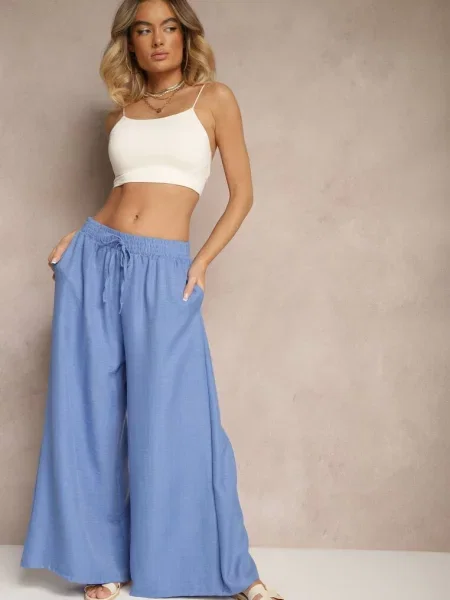 Szerokie Spodnie High Waist Ozdobione Wiązaniem Telonia niebieskie