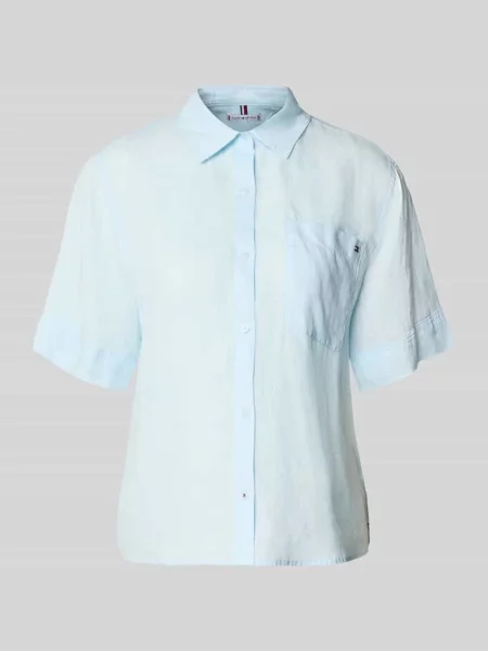 Bluzka lniana o kroju loose fit z brustaszą Tommy Hilfiger niebieska