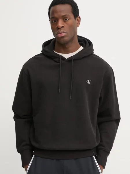 Bombažen pulover Calvin Klein Jeans s kapuco črna