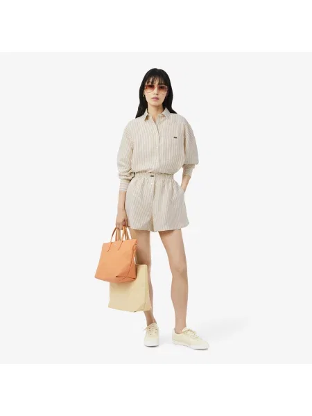 Lacoste Lniana Koszula W Paski Oversize Kremowa Kremowy