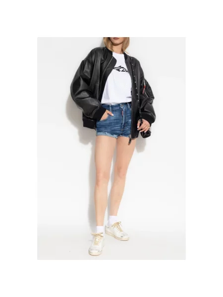 Lniane szorty Dsquared2 z wysoką talią niebieskie