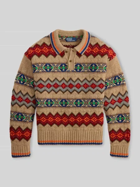 Sweter z czystej wełny z kołnierzykiem polo Ralph Lauren beżowy