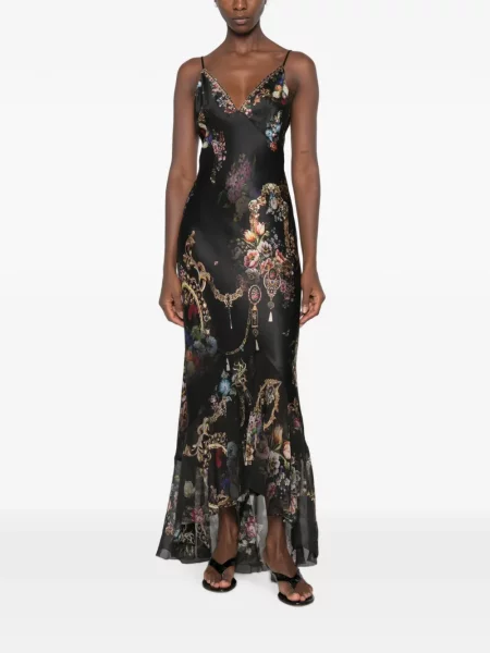 Rochie Camilla cu model floral cu imagine asimetrică negru