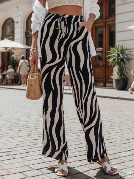 Spodnie wide leg w paski ZEBRAVIBE beżowo-czarne Dstreet czarne