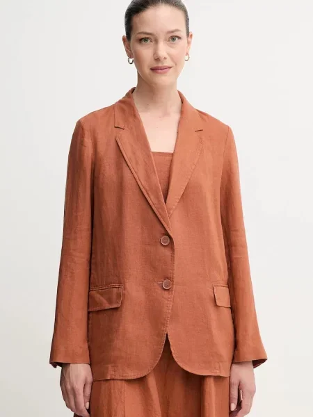 United Colors of Benetton marynarka lniana jednorzędowa gładka brązowy