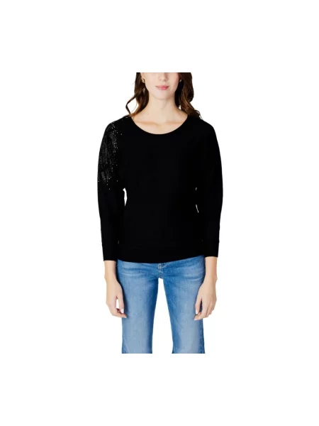 Sweter z dzianiny z obszyciem ozdobnymi kamieniami model ‘LESLIE’ Guess czarny