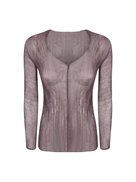 Długa bluzka Issey Miyake szyfonowa z długim rękawem brązowa