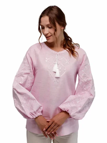 Льняная рубашка Folk Moda с вышивкой розовая