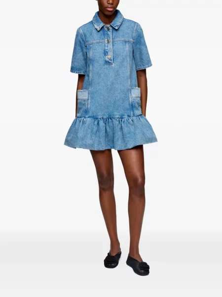 Rochie din denim Ganni cu volane albastru