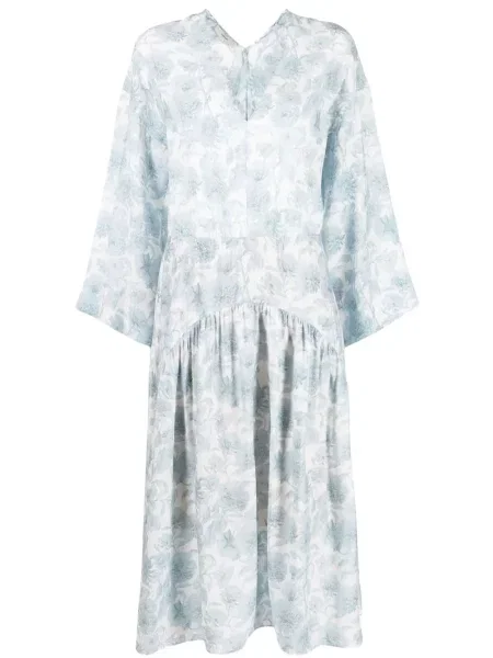 Rochie Vince cu model floral cu imagine cu decolteu în V albastru