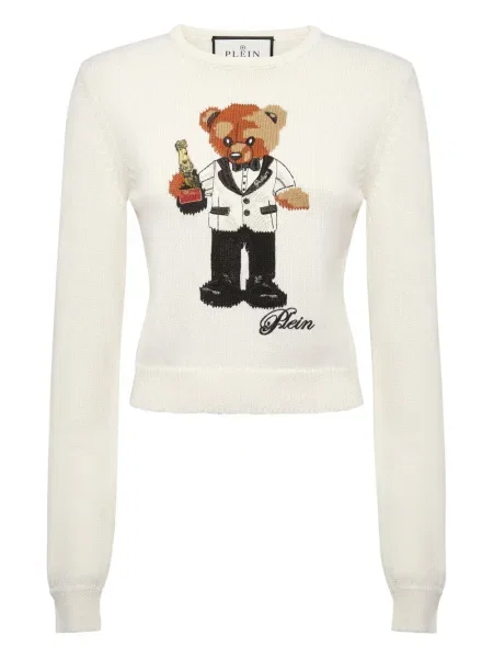 Pulover Philipp Plein cu decolteu rotund teddy alb