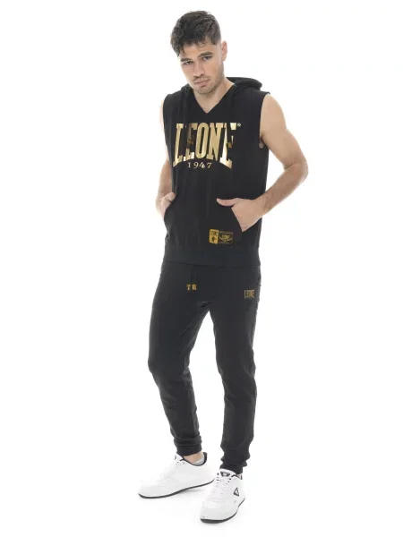 Bluza bez rękawów z kapturem i dużym złotym logo Leone czarna