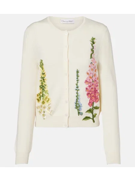Cardigan Oscar De La Renta cu broderie de lână alb
