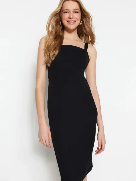 Z ovratnikom midi obleka Trendyol črna