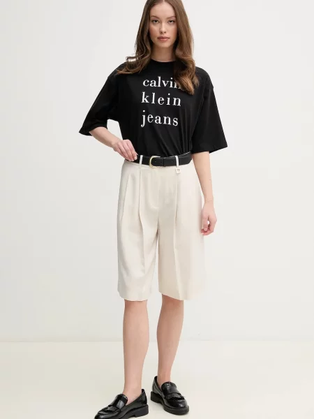 Шорти з домішкою льону Joop! однотонні висока посадка бежевий