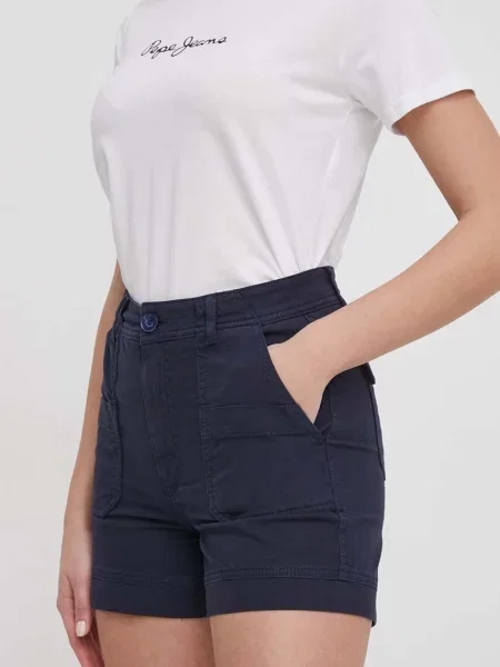 Къс панталон Pepe Jeans с изчистен дизайн с висока талия тъмносиньо