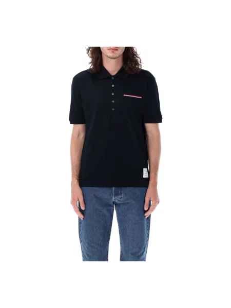 Koszulka polo Thom Browne w paski z paskiem niebieska