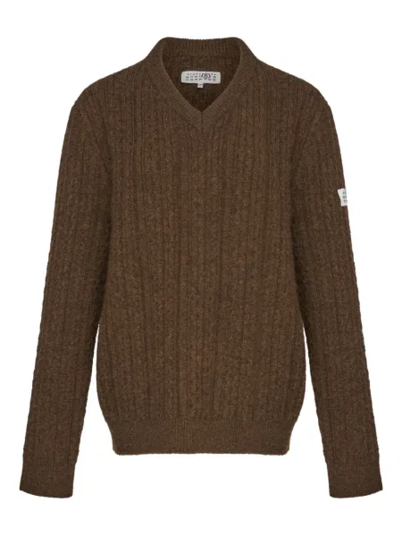 Pulover Mm6 Maison Margiela cu decolteu în V maro
