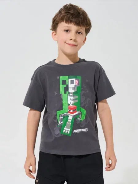 Sinsay loose tričko s potiskem Minecraft šedá
