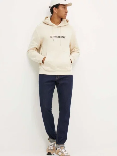 Guess Jeans bluza z kapturem z aplikacją beżowy