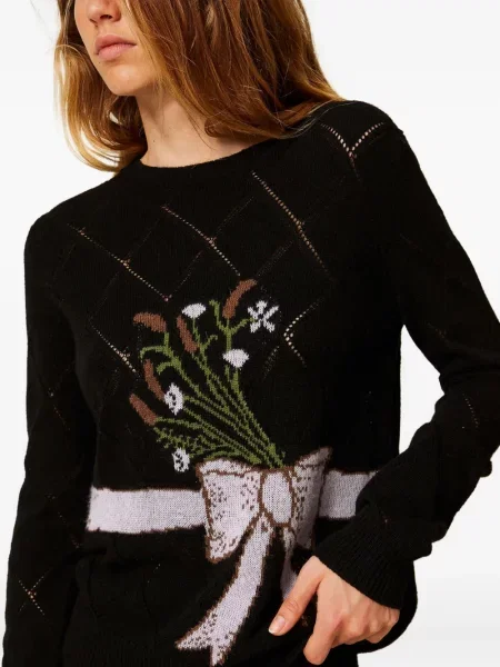 Pulover Twinset cu funde cu model floral negru