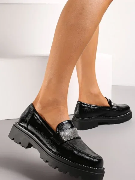 Mocașini cu cu Strasuri și Brant din Piele Naturală Gandes negri