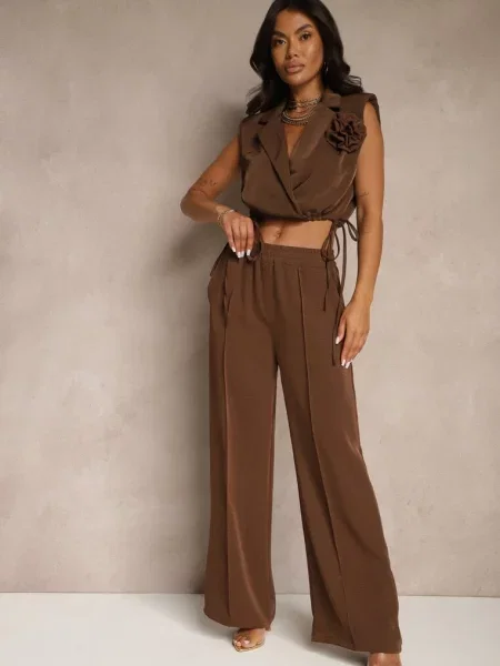 Komplet Spodnie o Szerokim Kroju i Kopertowa Bluzka ze Ściągaczem Reavilora brązowy