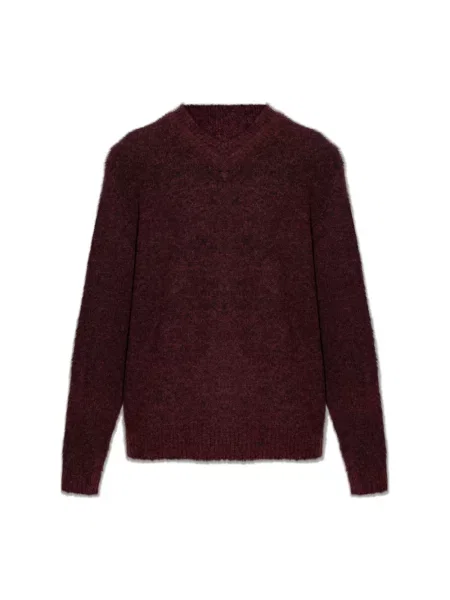 Sweter Samsoe Samsoe wełniany z dekoltem w serek czerwony