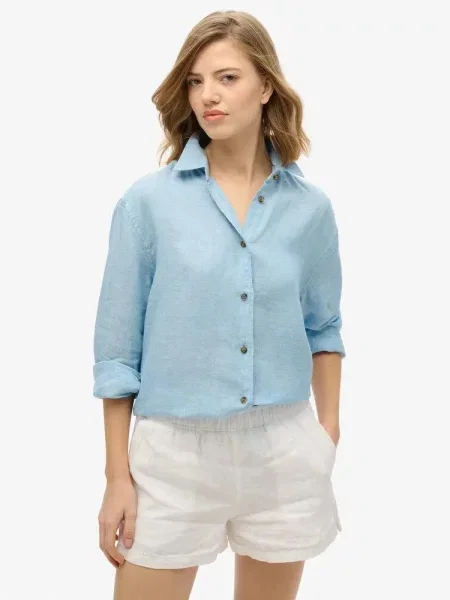 Superdry Koszula Boyfriend Casual z Lnu Sea Blue Chambray niebieska