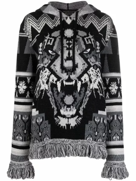 Hanorac cu glugă Philipp Plein cu franjuri de lână cu dungi de tigru negru