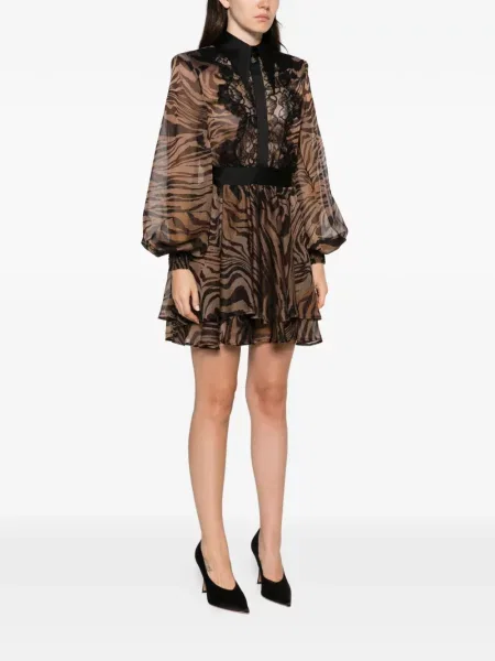 Rochie mini Babylone Paris cu imagine din dantelă cu model zebră maro