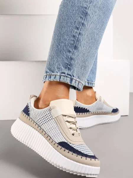 Sneakers Bej-Albastru pe Platformă cu Inserții de Tweed și Zirconiu Eganna bej