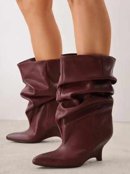 Botine Slouchy Kitten Wedge Tilna Vișinie
