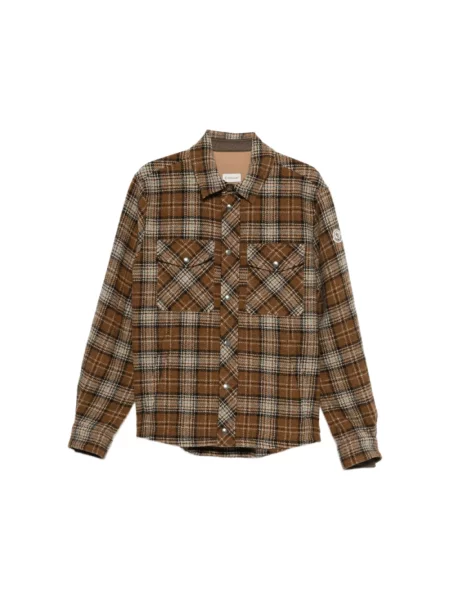 Koszula Moncler wełniana w kratkę brązowa