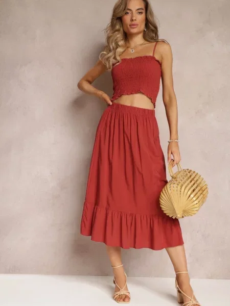 Komplet Top na Ramiączkach i Spódnica z Gumką w Talii Tirasa czerwony