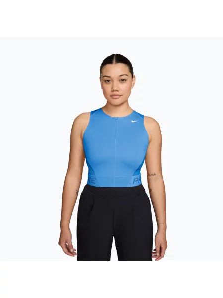 Tricou de antrenament pentru femei Nike Pro Dri-Fit university blue/light photo blue/white alb