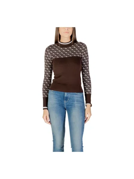 Guess sweter z dodatkiem wełny AUBREY brązowy z półgolfem biały