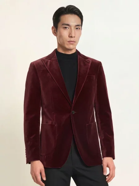 Baldessarini Sametové Sako Slim Fit tmavě červená