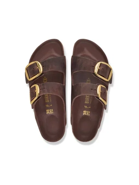 Klapki Birkenstock skórzane na sprzączkę brązowe