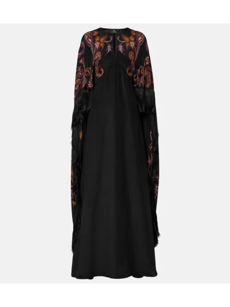 Rochie Etro cu franjuri de mătase cu model paisley negru