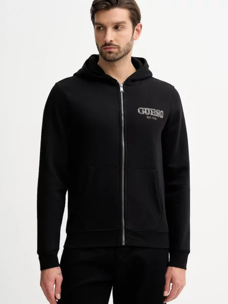 Dukserica Guess s kapuljačom s aplikacijom crna