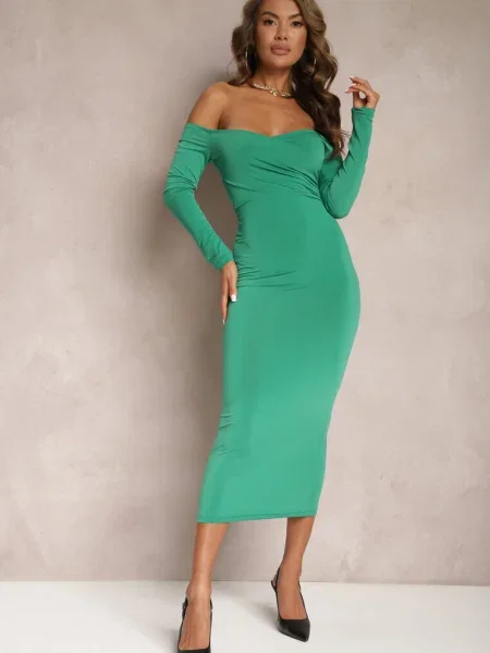 Rochie Midi Tip Camasa cu Decolteu Bardot Vervena verde